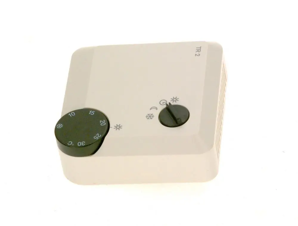 Thermostat von Bosch, rechteckig, mit zwei Drehknöpfen für Temperaturregelung und Einstellung, in neutralem Weiß gehalten.